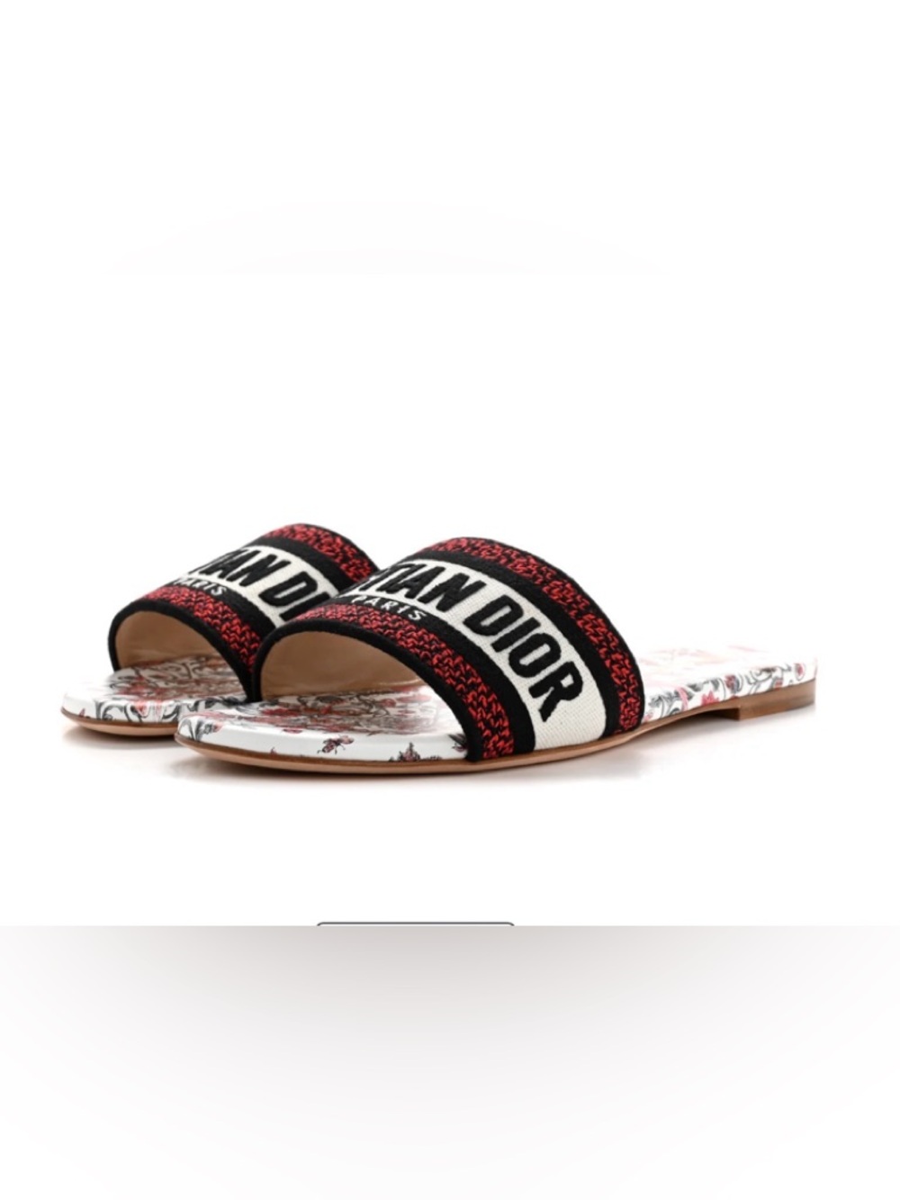 Dior White Slide Sandals with Red Floral Print and Black Logo Strap - Picture 4 of 9